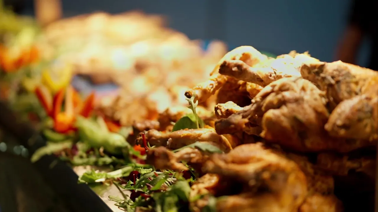 A carved roast platter on the buffet