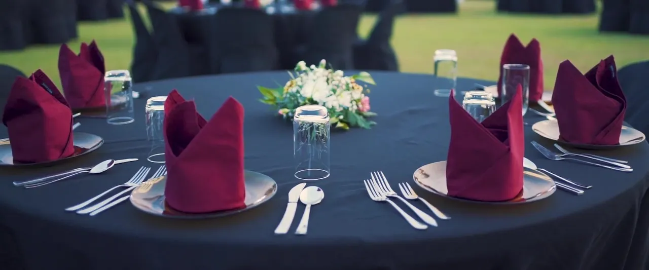 Crimson napkins on an outdoor gala table
