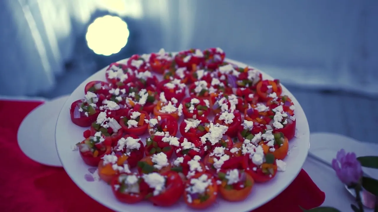 Platter of tomato and feta canapés